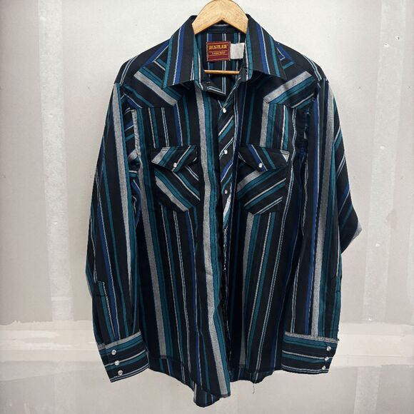 Vintage Rustler Shirt Mens L Striped Western Pearl Snap X-Long Tails 90s - Picture 1 of 4
